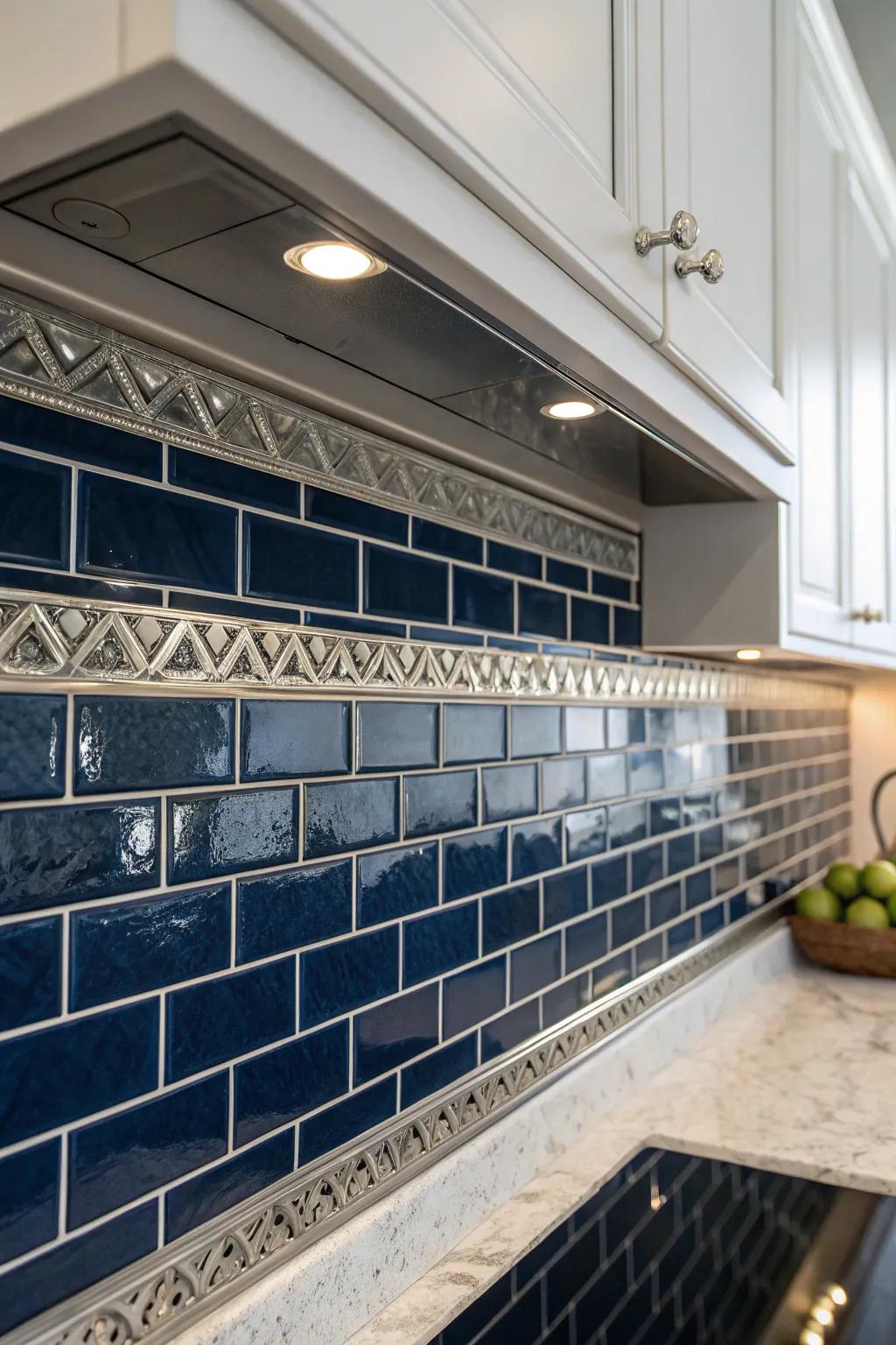 Metallic accents with glass tiles offer a luxurious design element.