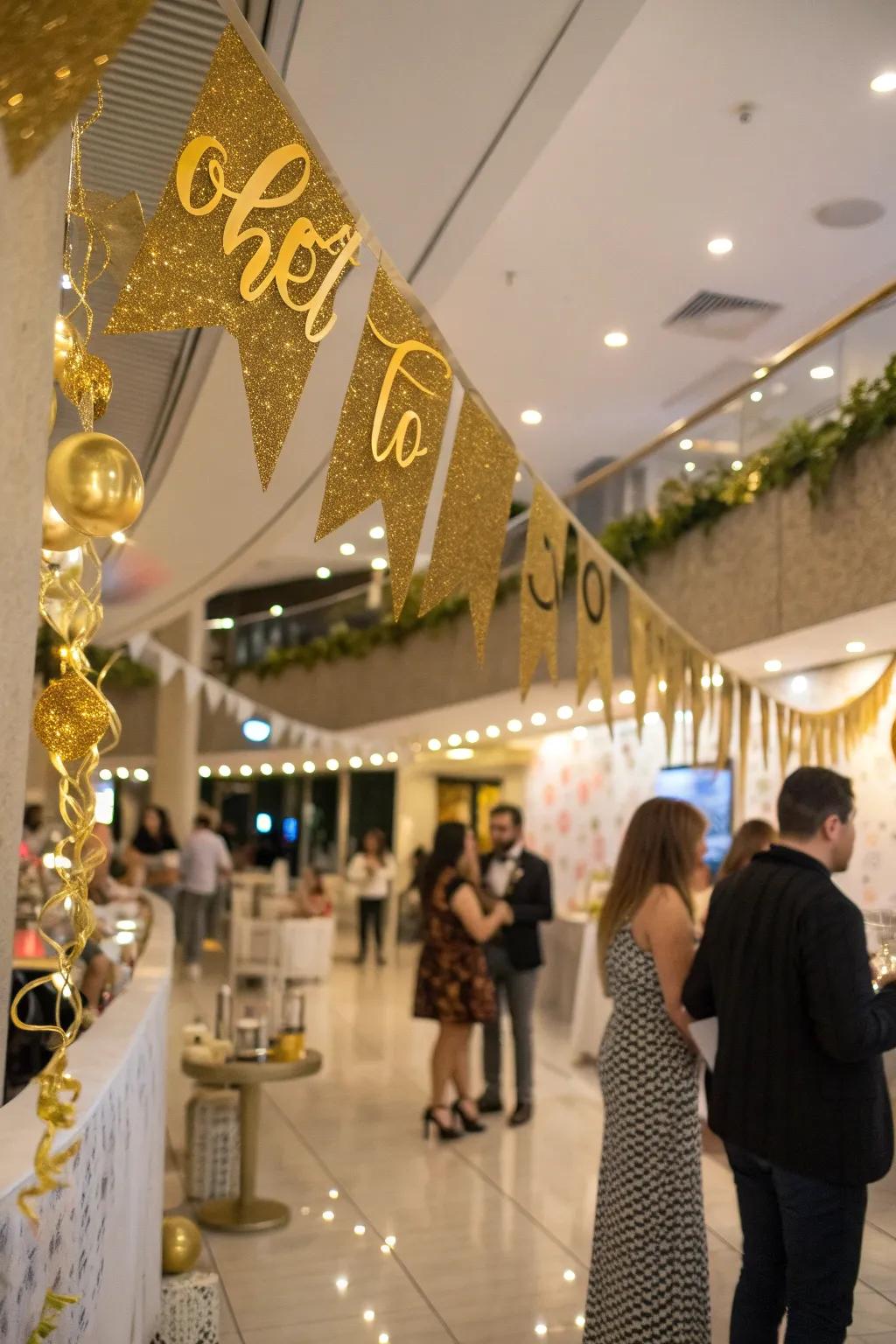 Gold-lettered signage adds a chic and personalized touch to the decor.