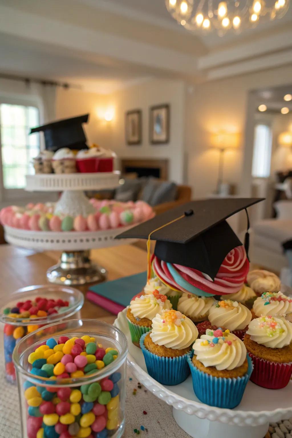 Edible graduation caps make cupcakes a delightful addition to your candy table.