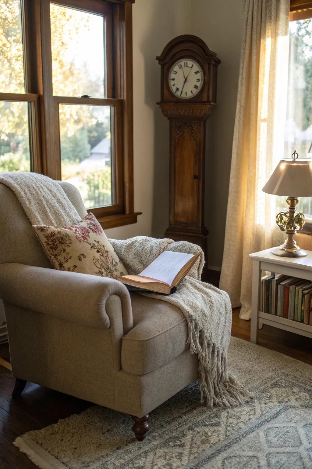 A grandfather clock brings a soothing presence to a bedroom reading nook.