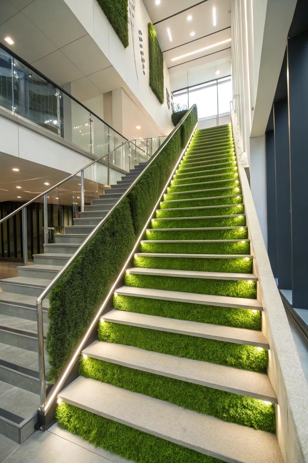 Grass panels transform a staircase into a modern and eye-catching feature.