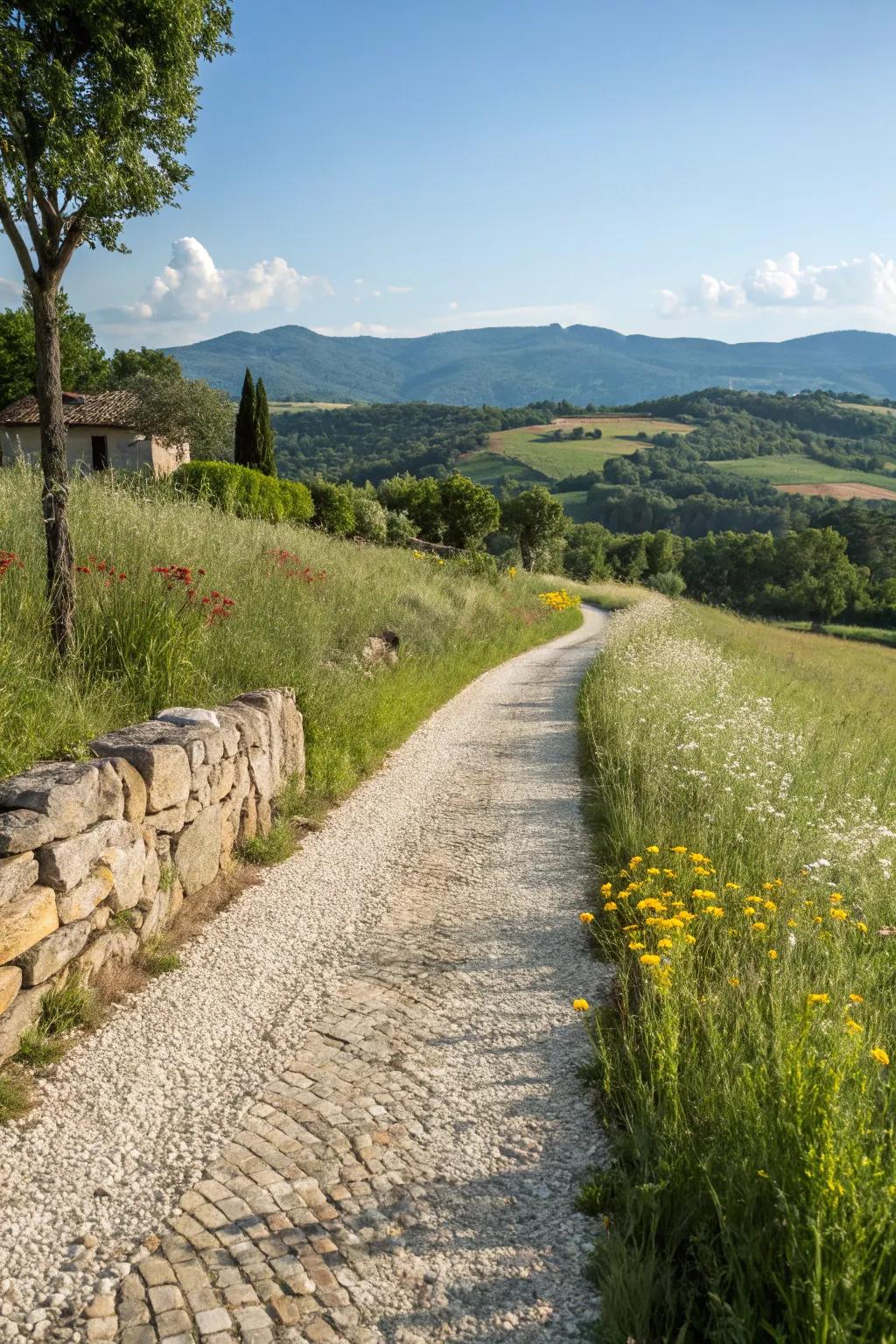 A rustic gravel driveway captures the charm of the countryside.