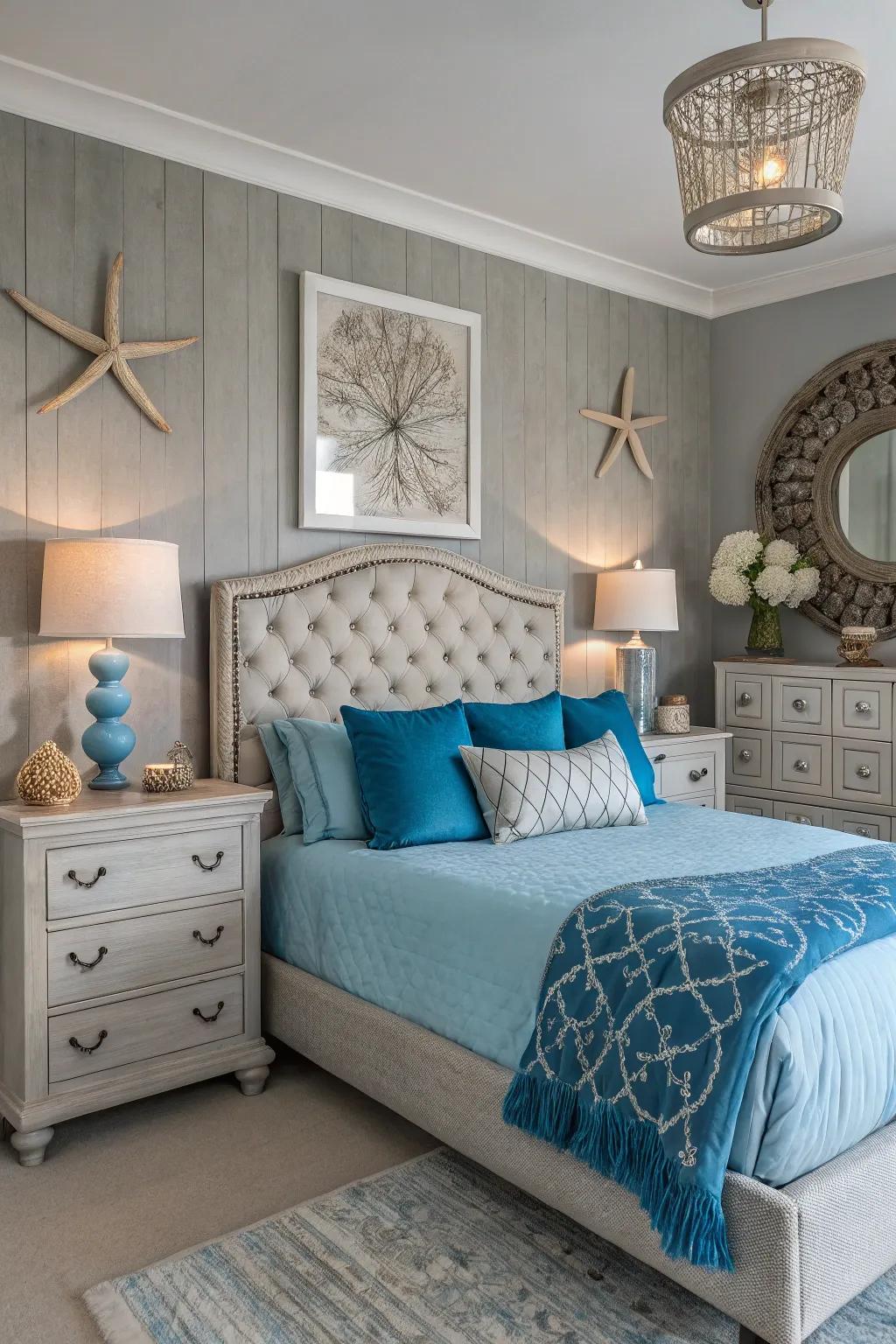 A chic gray bedroom with calming blue hues.