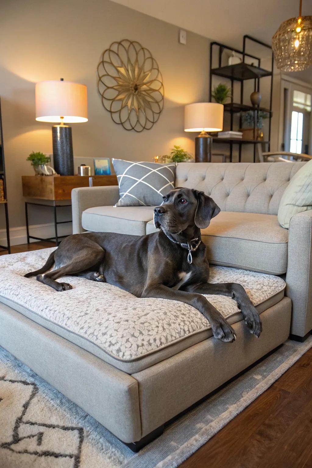 Couch-like beds offer a cozy companion spot for your Great Dane.