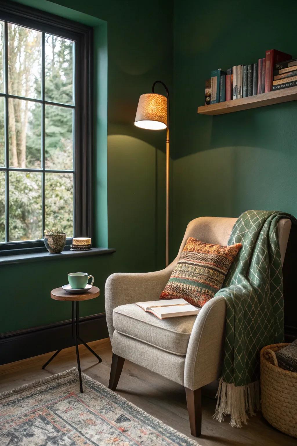 A forest green wall makes this reading nook inviting and cozy.