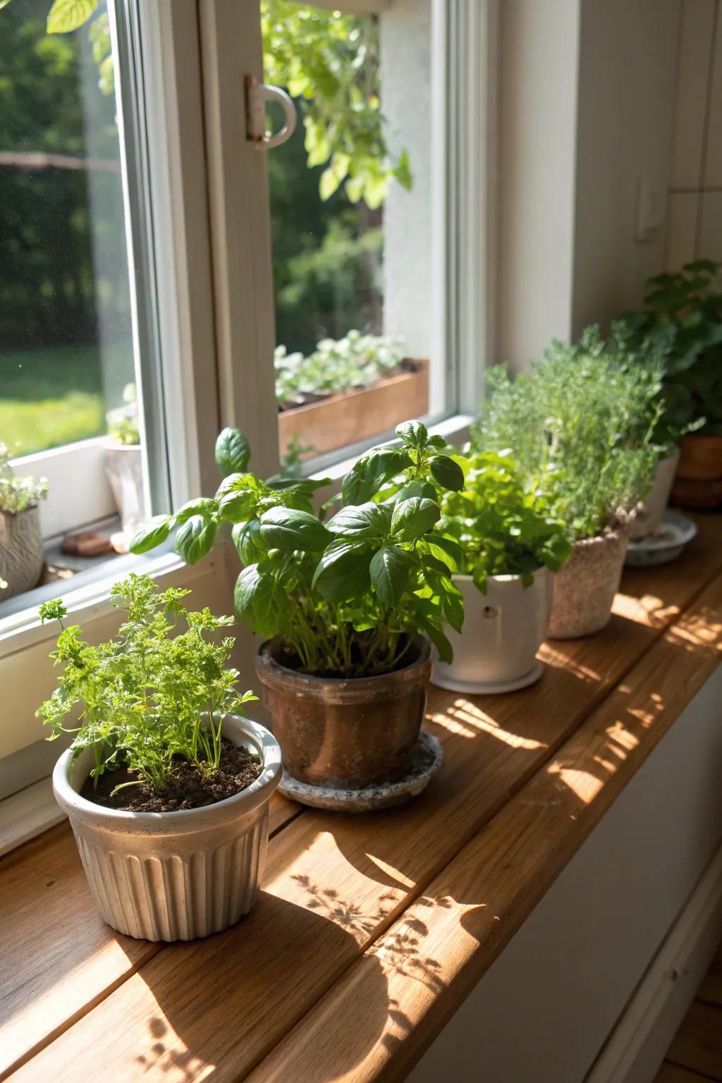 A kitchen herb garden with fresh basil and mint.