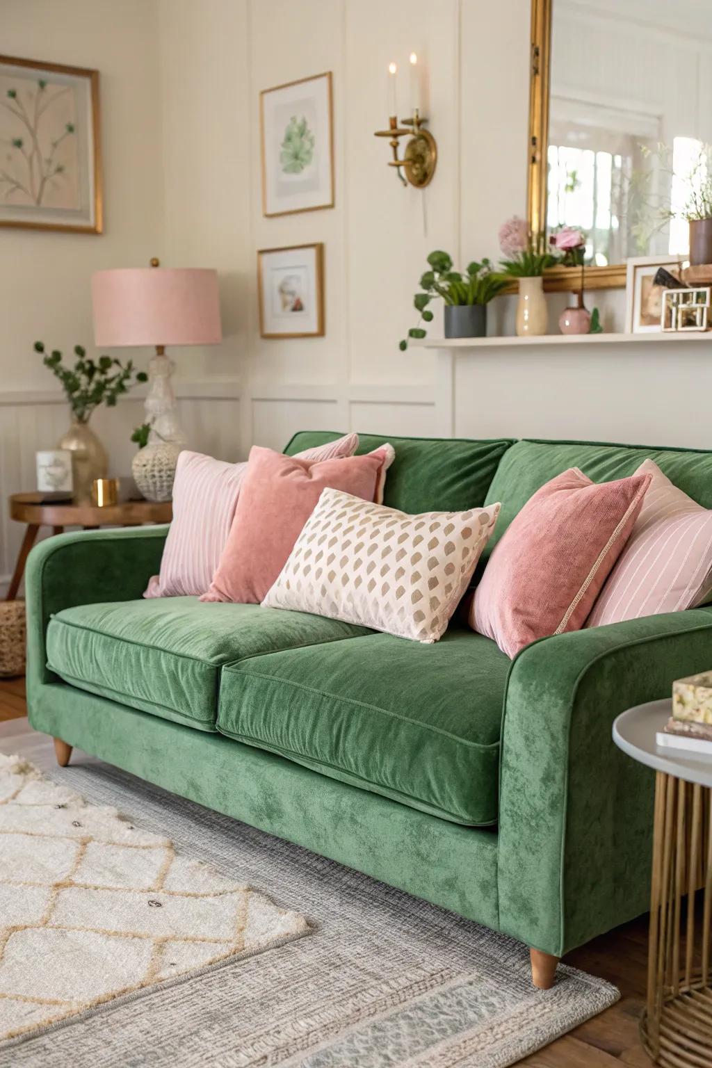 A cozy living room with a green velvet couch and soft pastel accents.