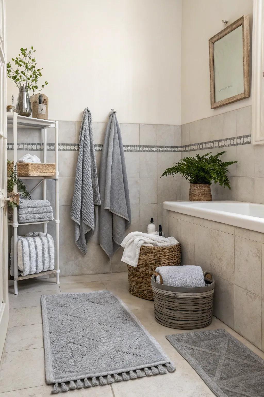 Grey accents harmonize and balance bold elements in this chic bathroom.