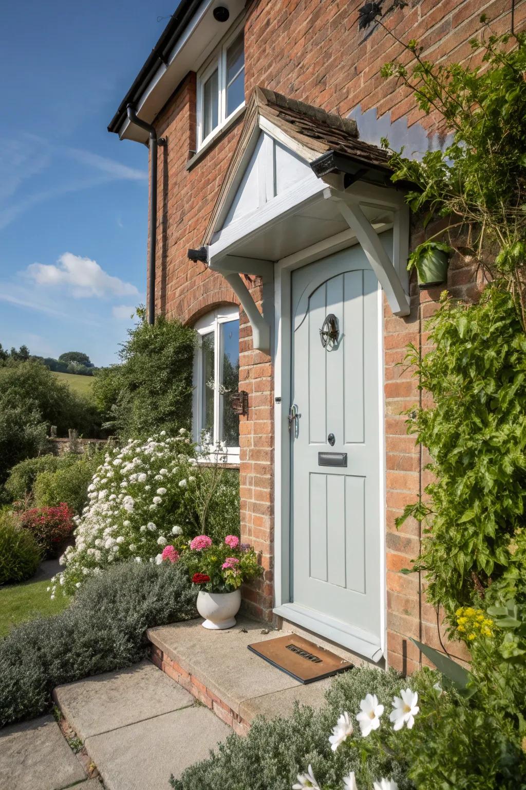 A light grey door adds a soft, welcoming touch to this home.