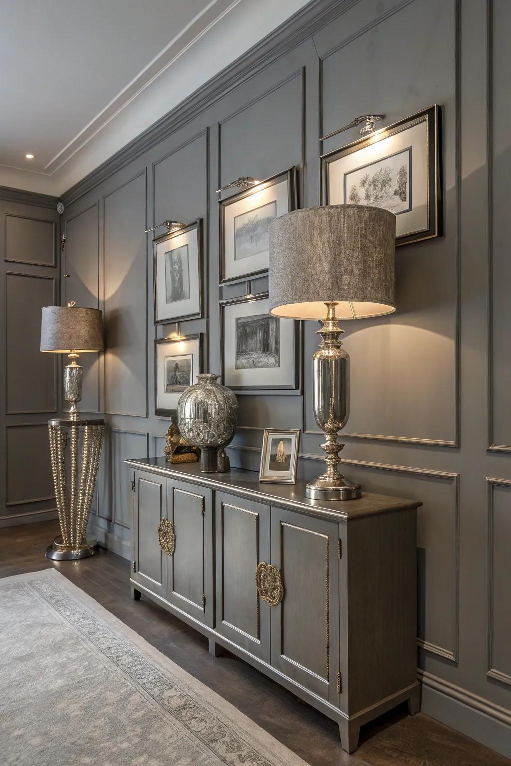 Metallic touches bring glamour to this grey-themed room.