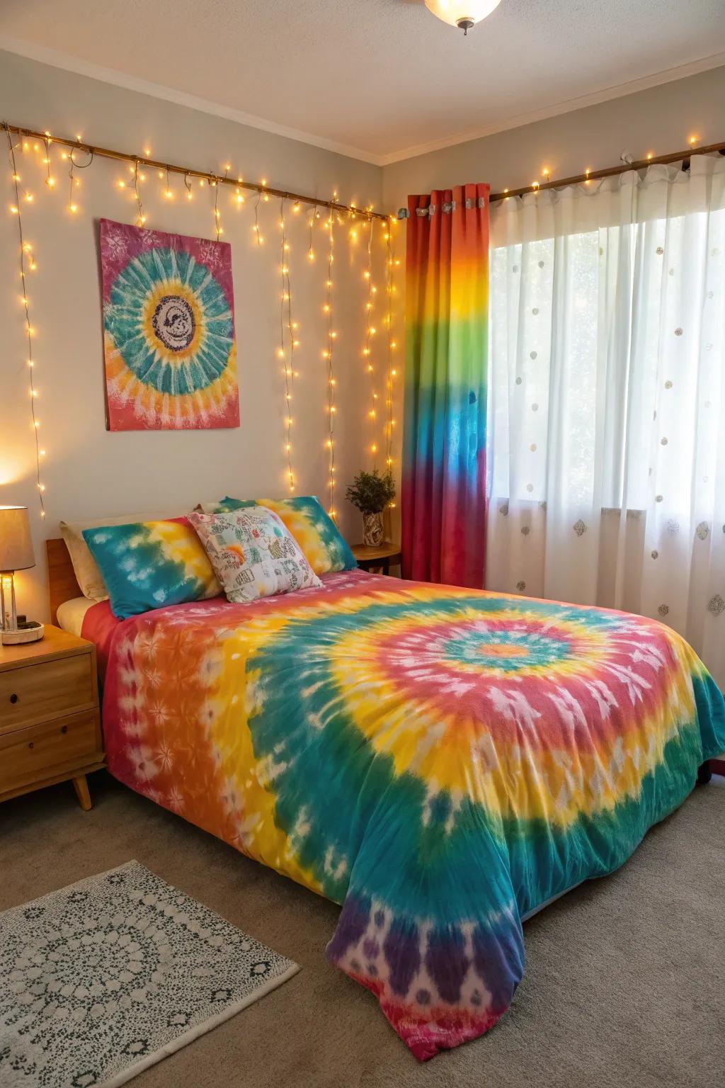 Tie-dye accents add a playful touch to your decor.