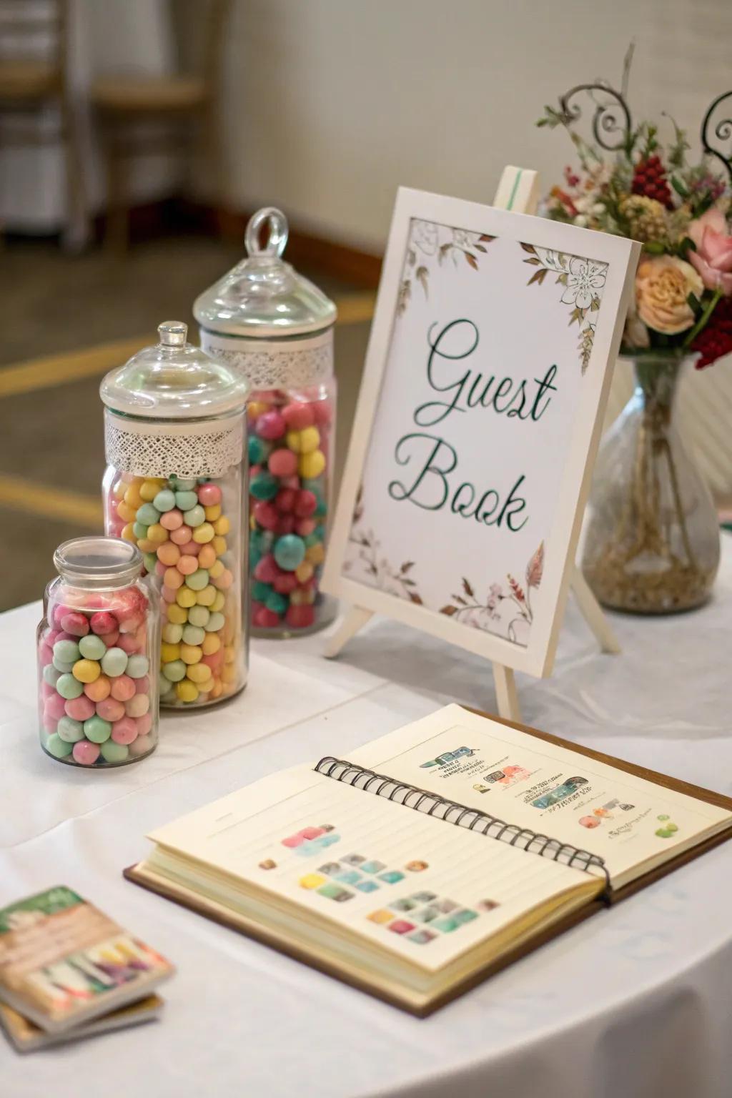 Sweet treats invite guests to linger at the guest book table.