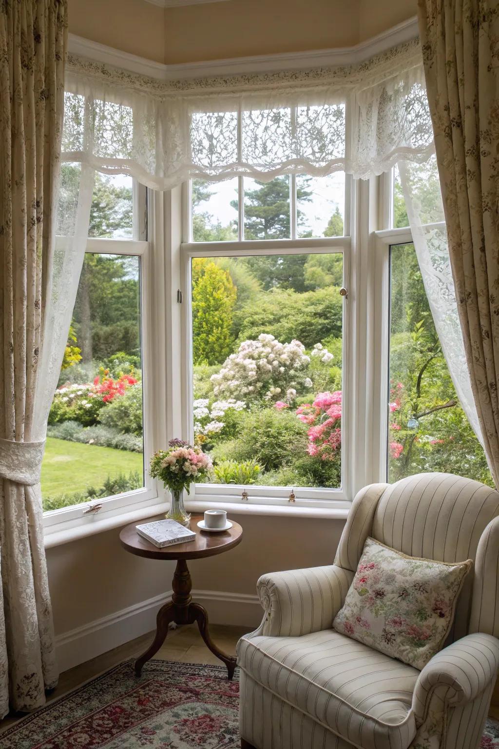 Charming bay window with half blinds.