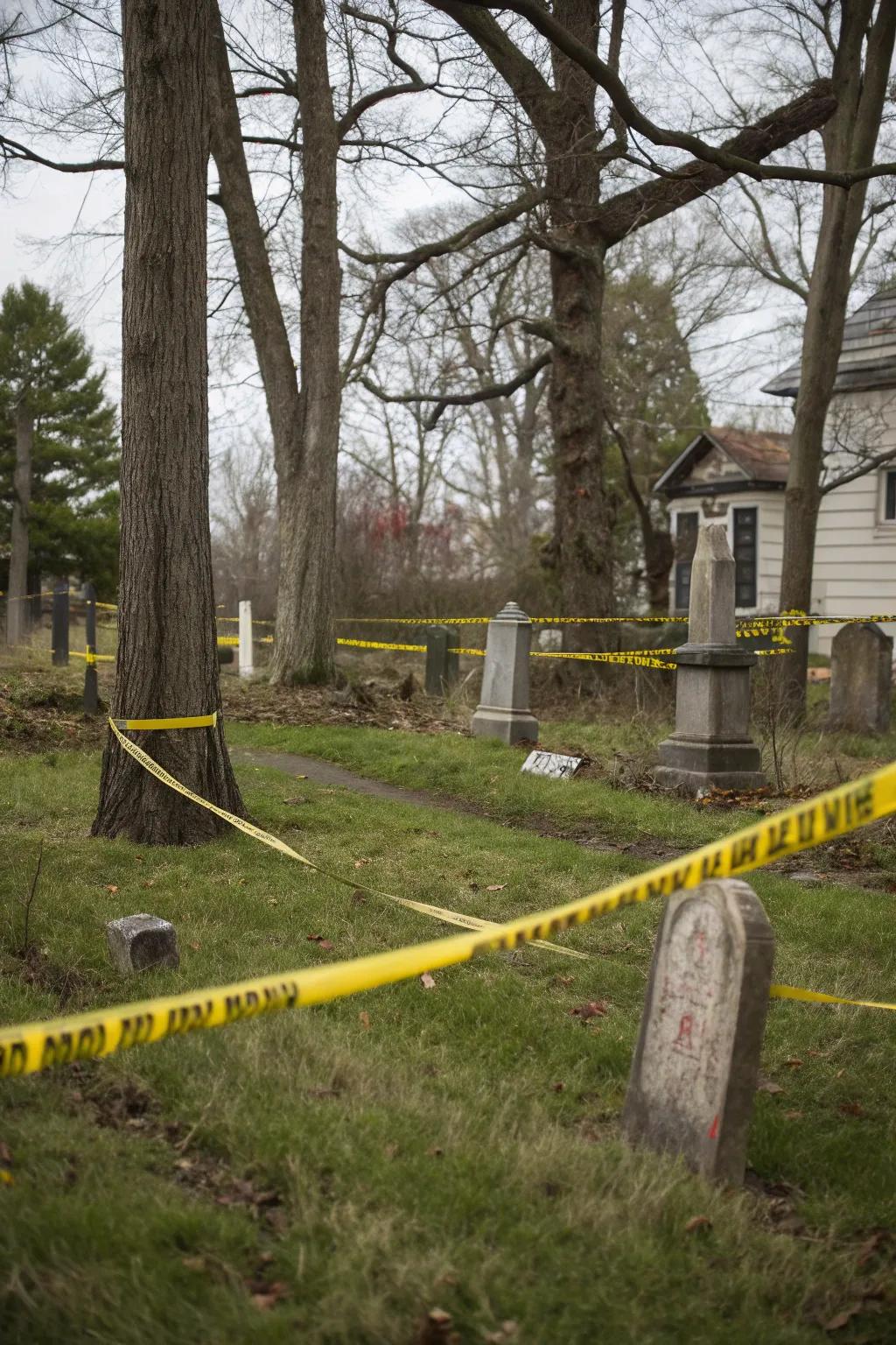 An eerie yard with caution tape and tombstones.