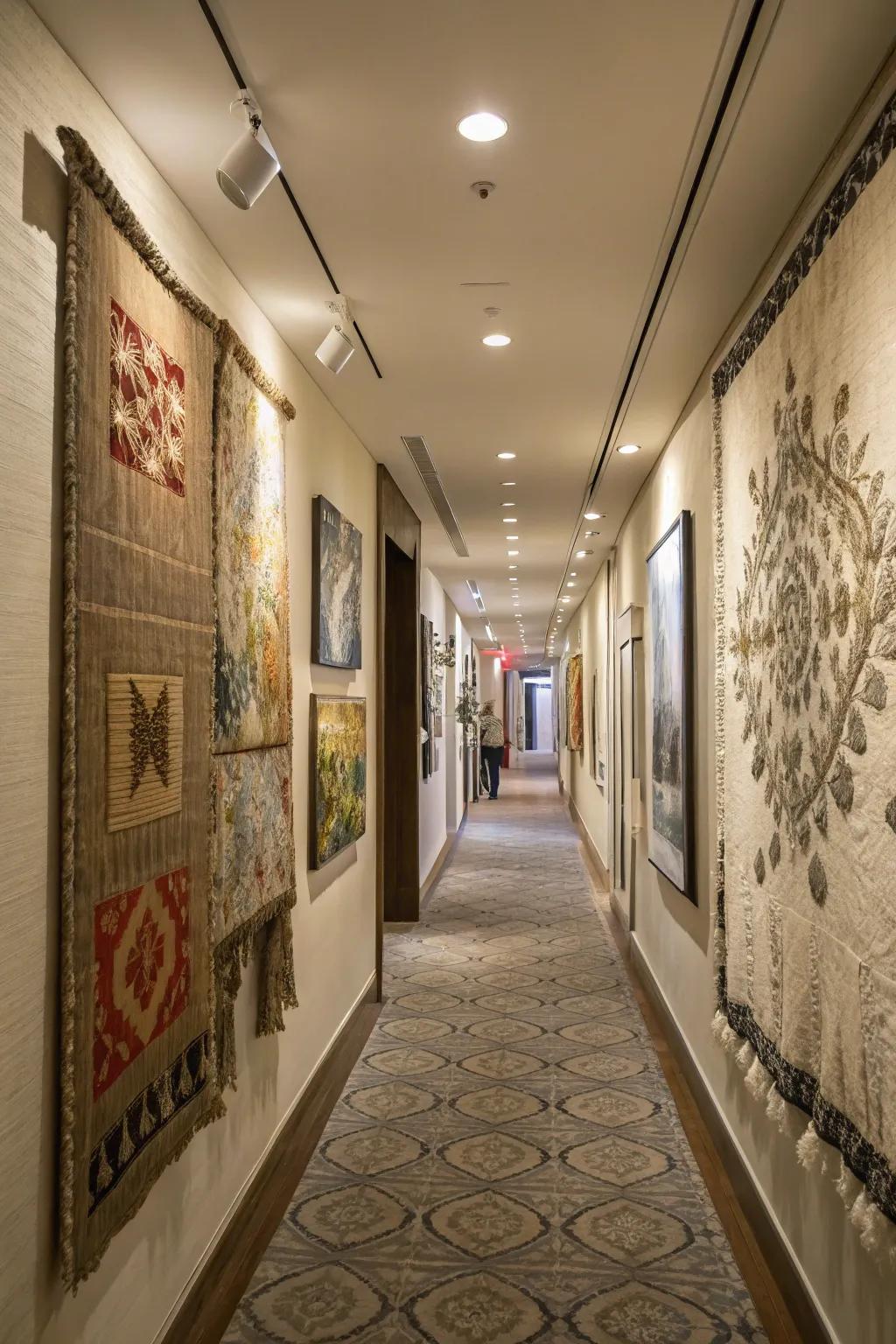 Textured art pieces bring depth and warmth to hallways.