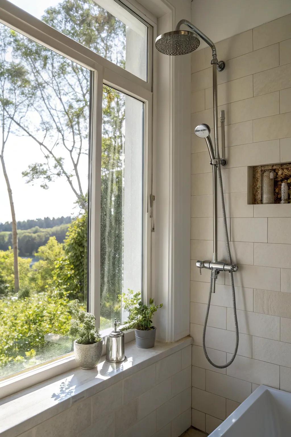 Natural light enhances the showering experience with strategic hand shower placement.