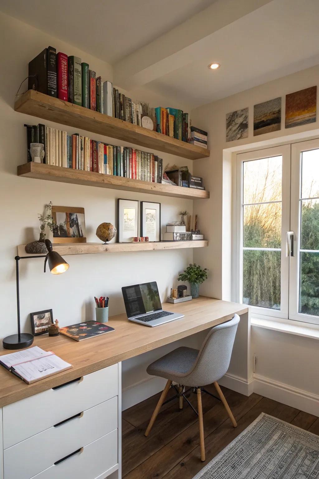 Optimize office space with floating desk shelves.