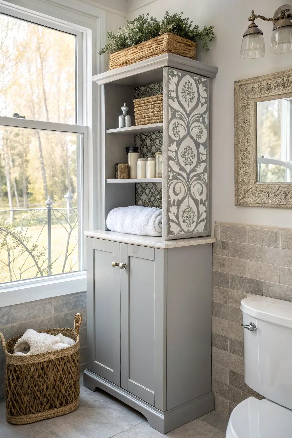 A decorative shelf revealing a hidden medicine cabinet.