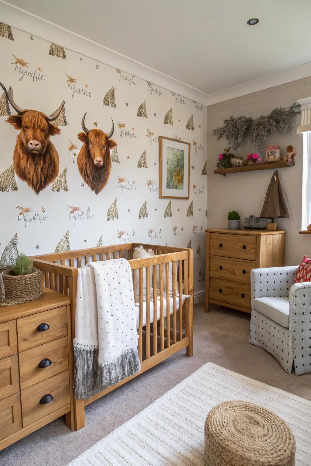 Themed wallpaper creates a bold yet adaptable statement.