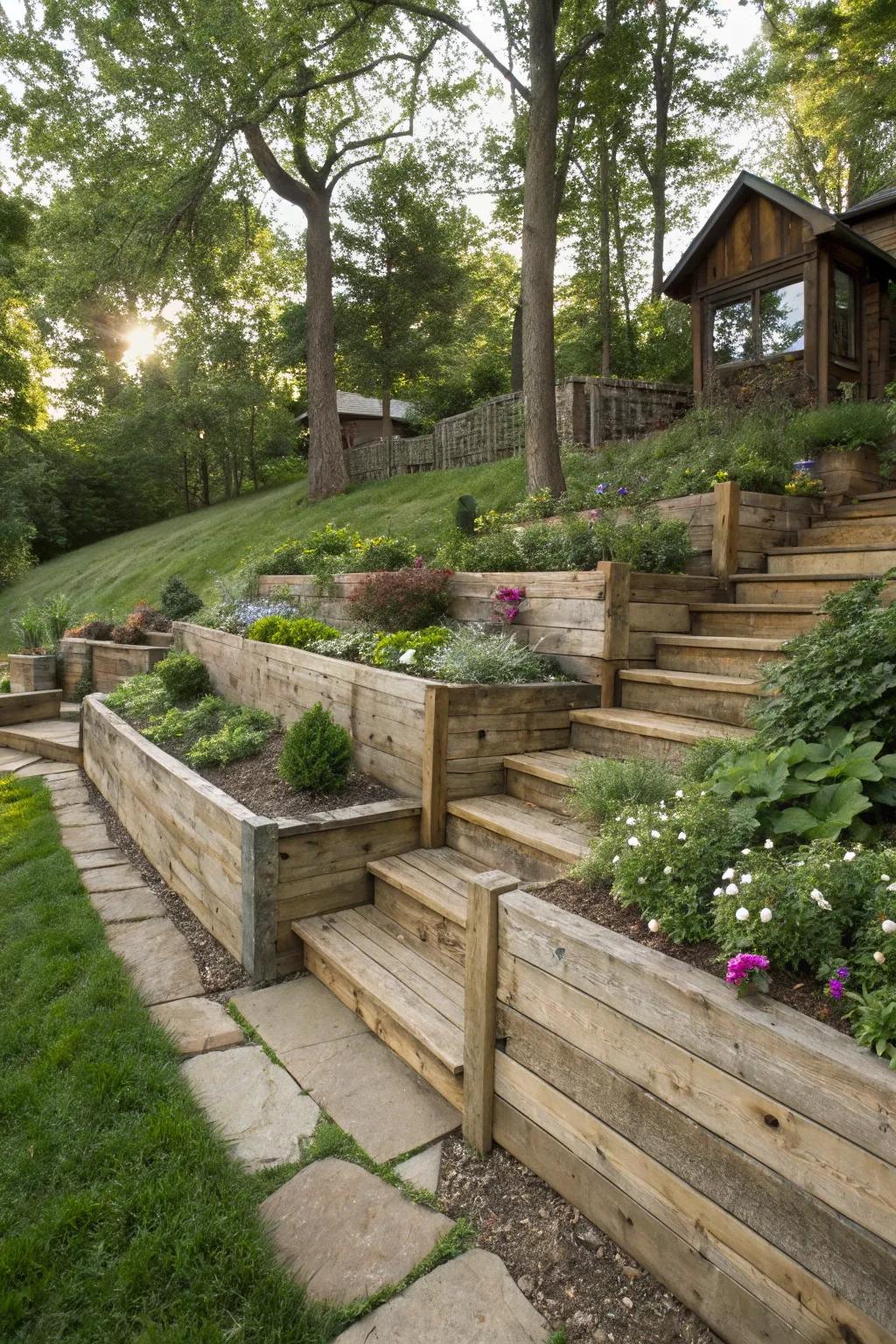 Reclaimed wood adds rustic charm and sustainability to hillside projects.