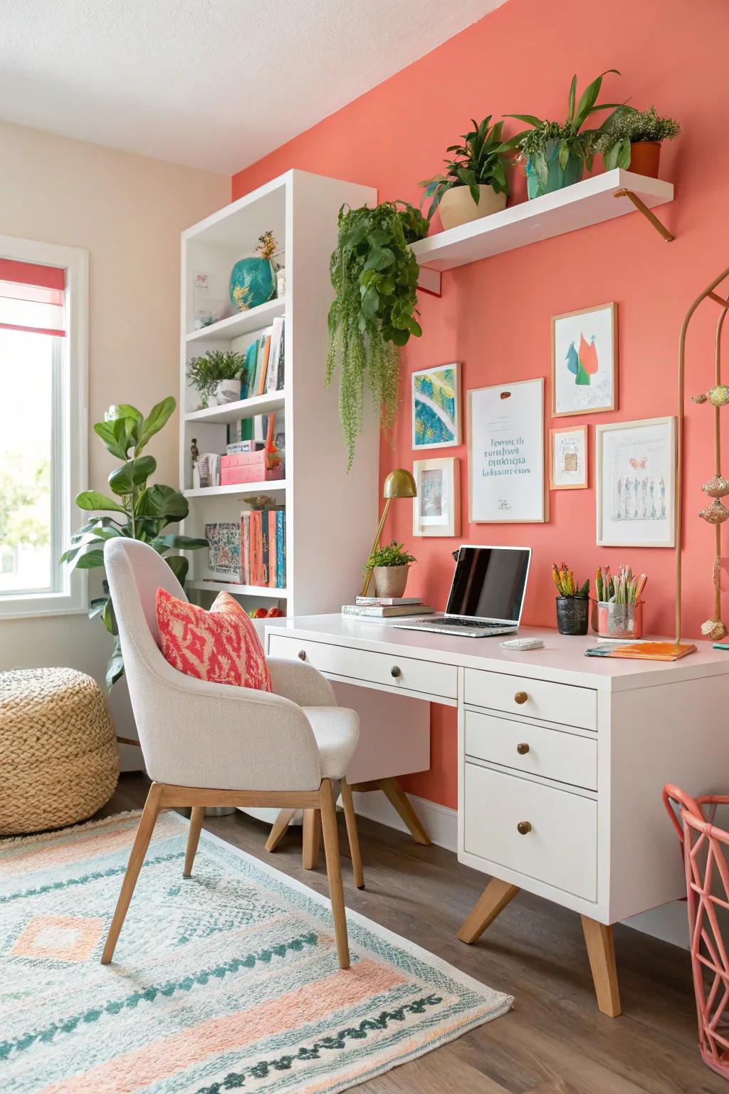 Coral walls bring playfulness and brightness to this home office.