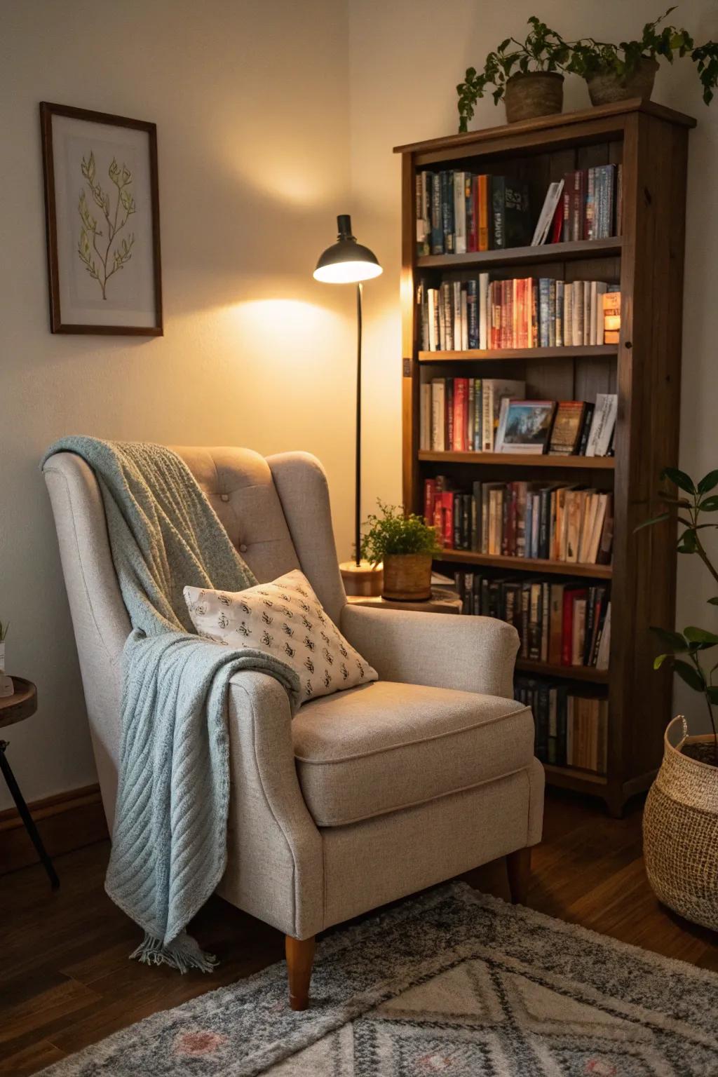 A cozy nook created for relaxation and reading.