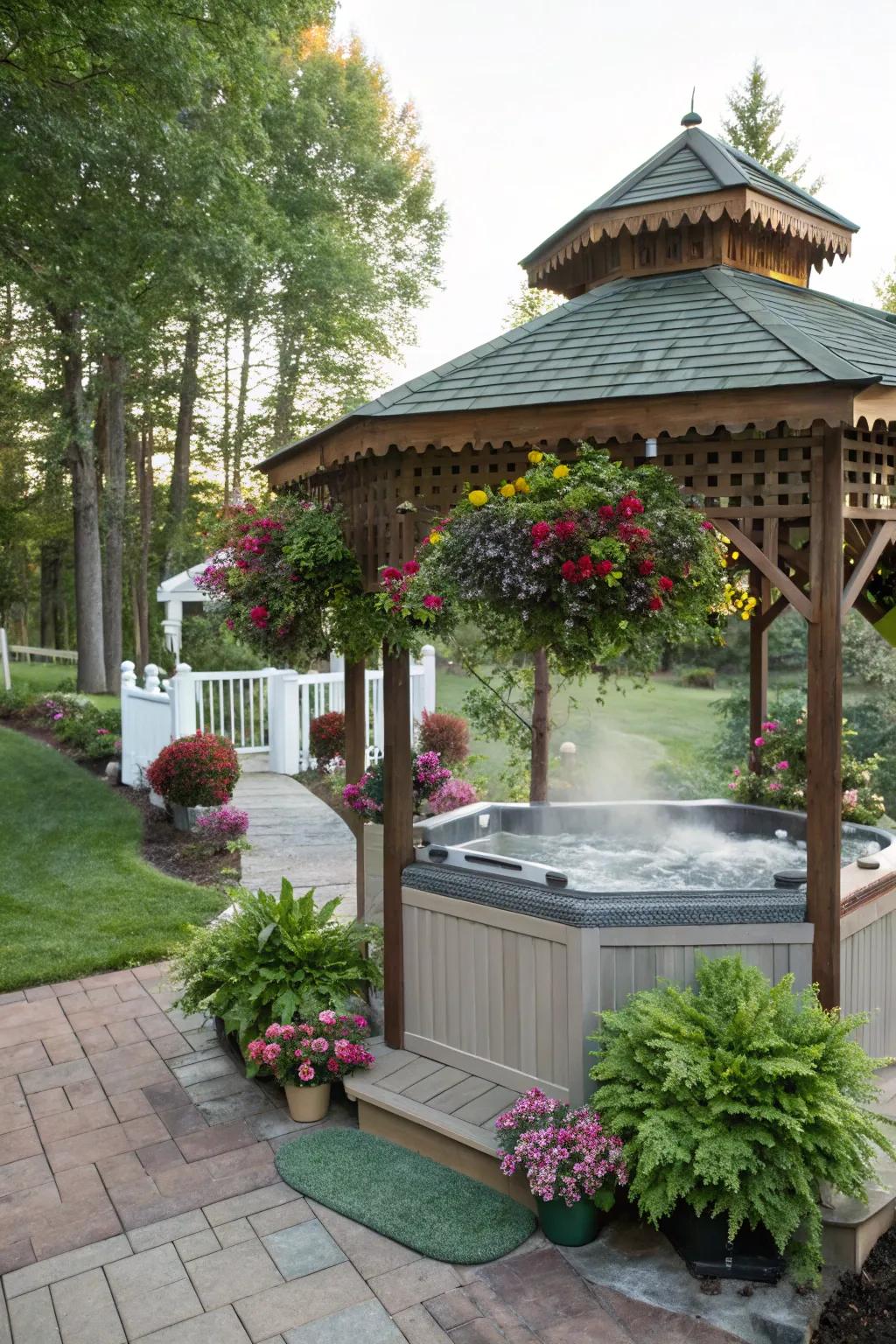 Decorative plants adding vibrancy to the gazebo.