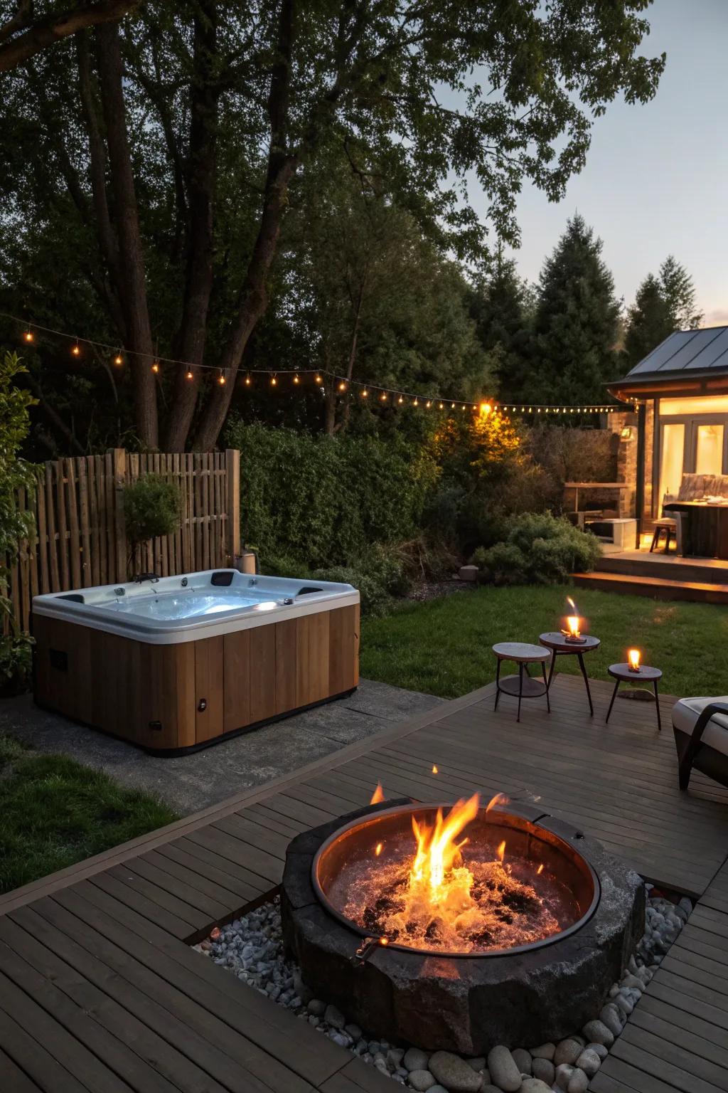 A fire pit adds warmth and ambiance, perfect for chilly evenings.