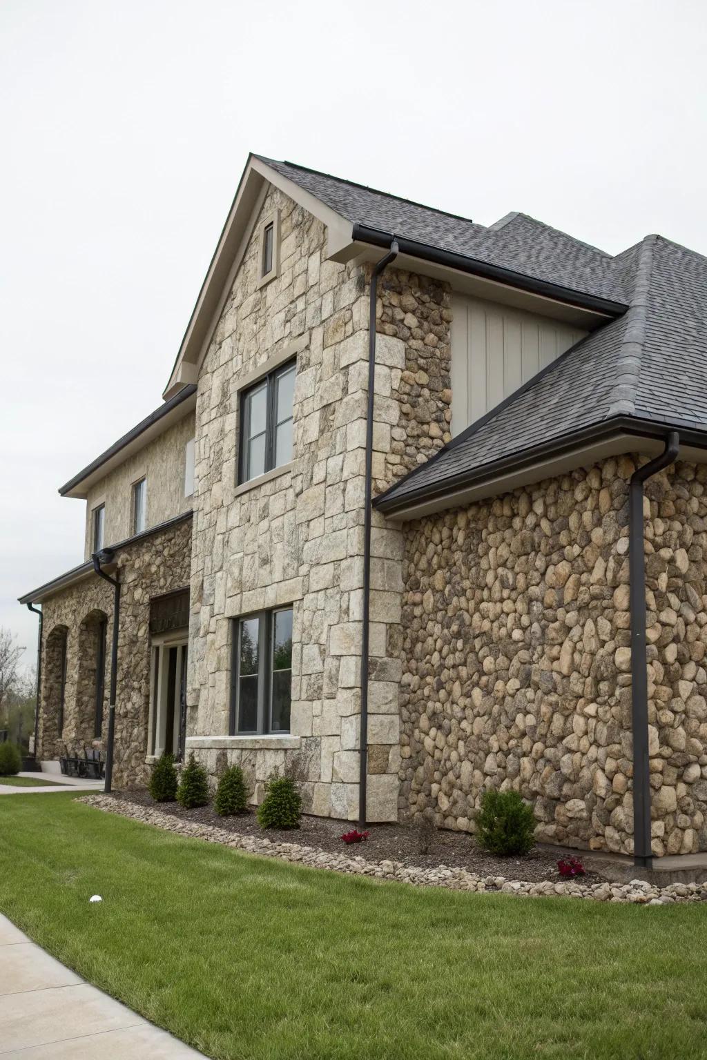 A home with a mix of eclectic stone styles.