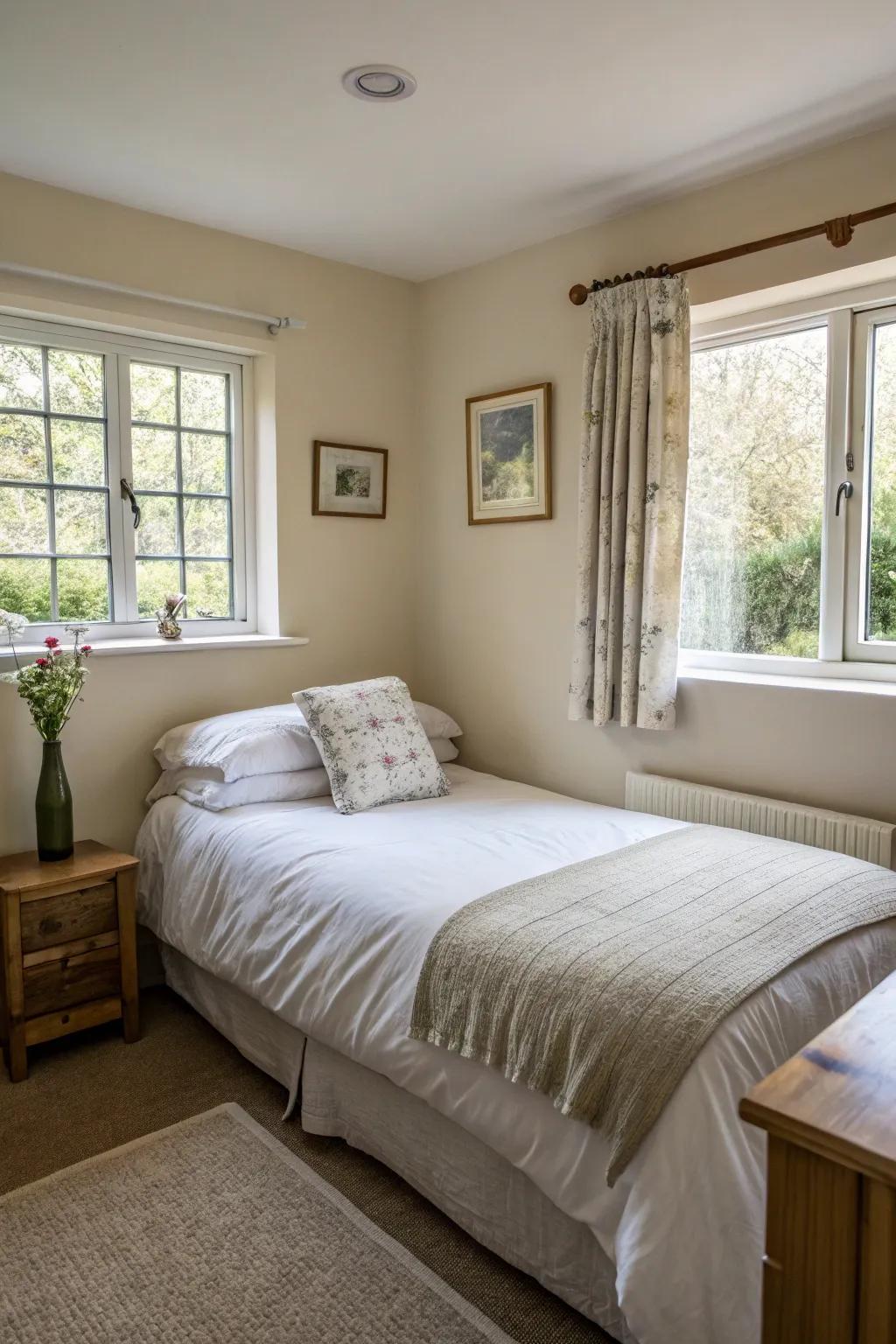 Simple and neatly arranged bedding creates an inviting look in a small bedroom.