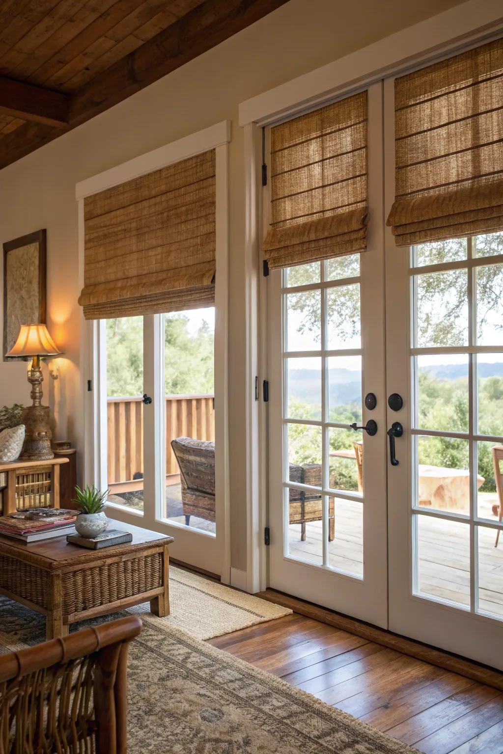 Bamboo shades add a natural touch and privacy to French doors.