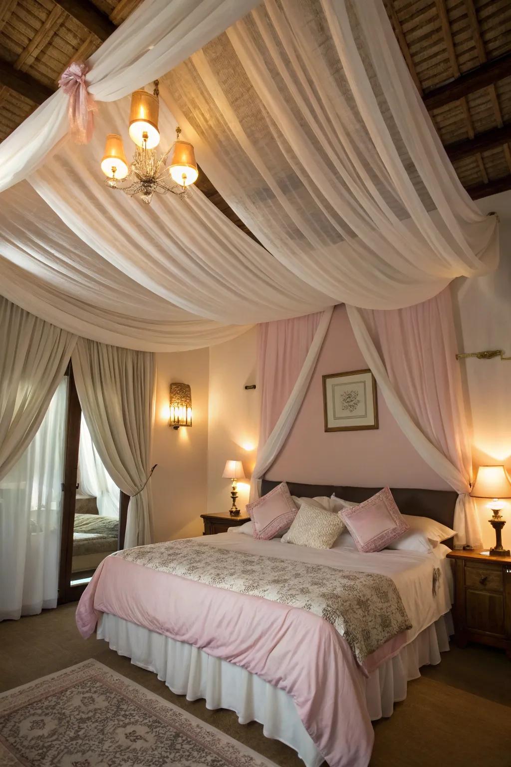 A romantic bedroom with fabric draped elegantly across the ceiling.