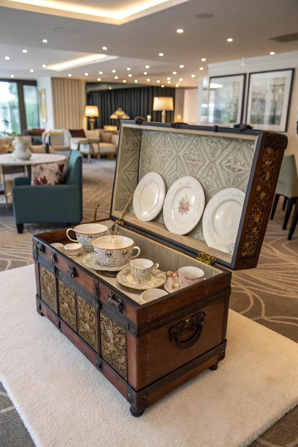 A vintage trunk repurposed as a unique display case for china.