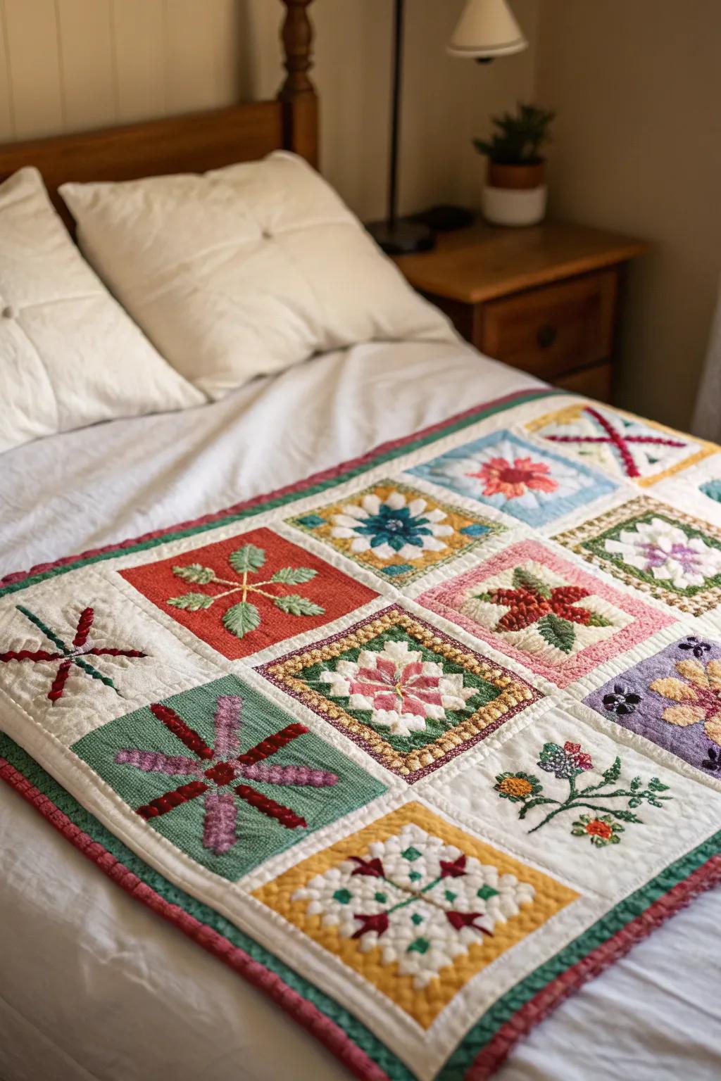 Patchwork quilts with cross stitch add a personal touch to bedding