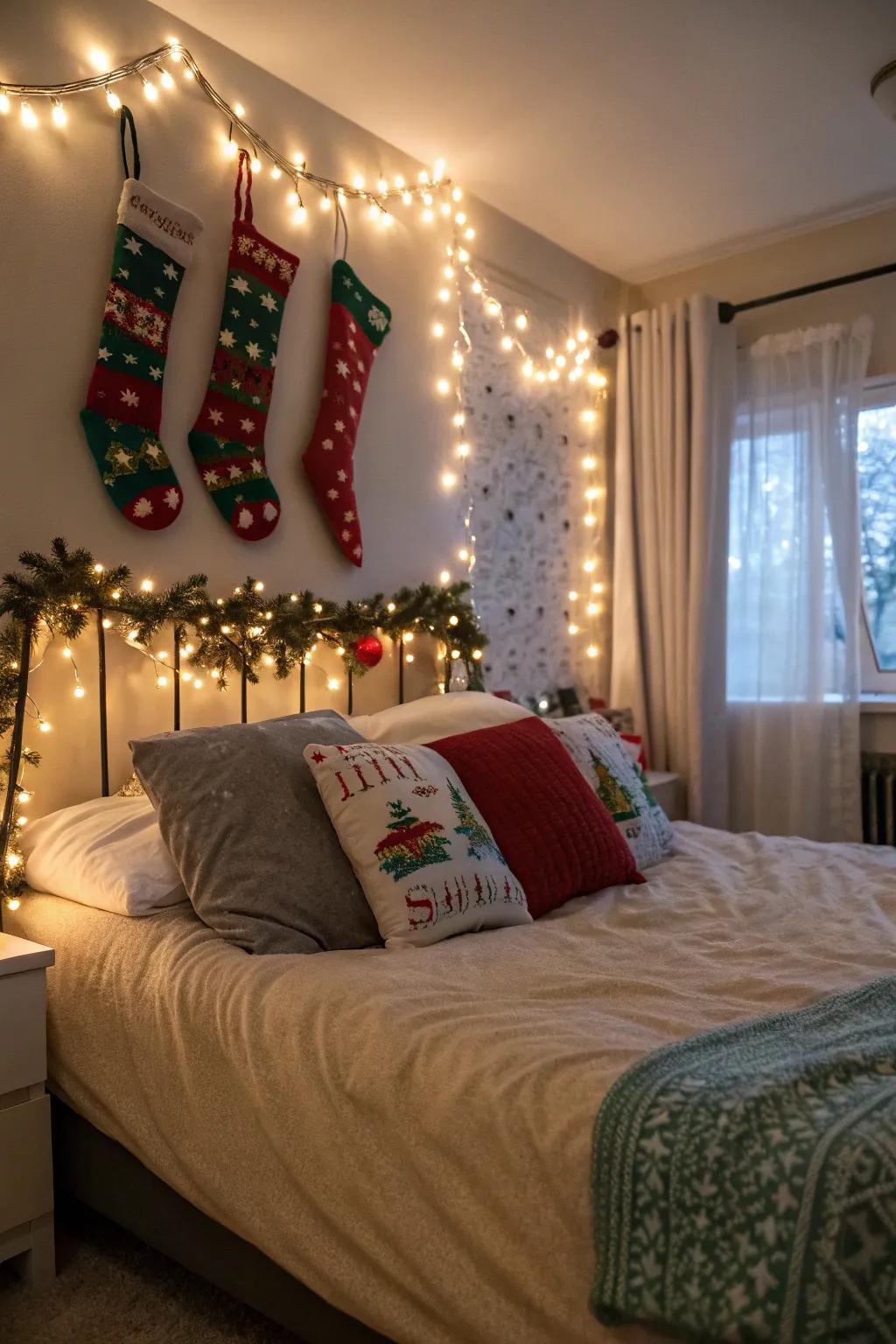The footboard of a bed makes for a cozy and personal stocking display.