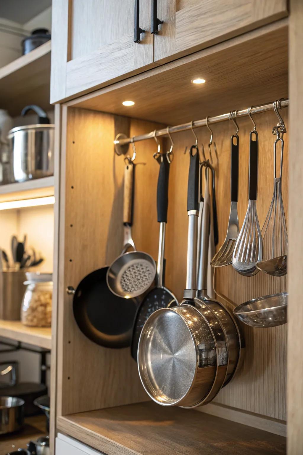 Efficiently hang cookware for easy access.