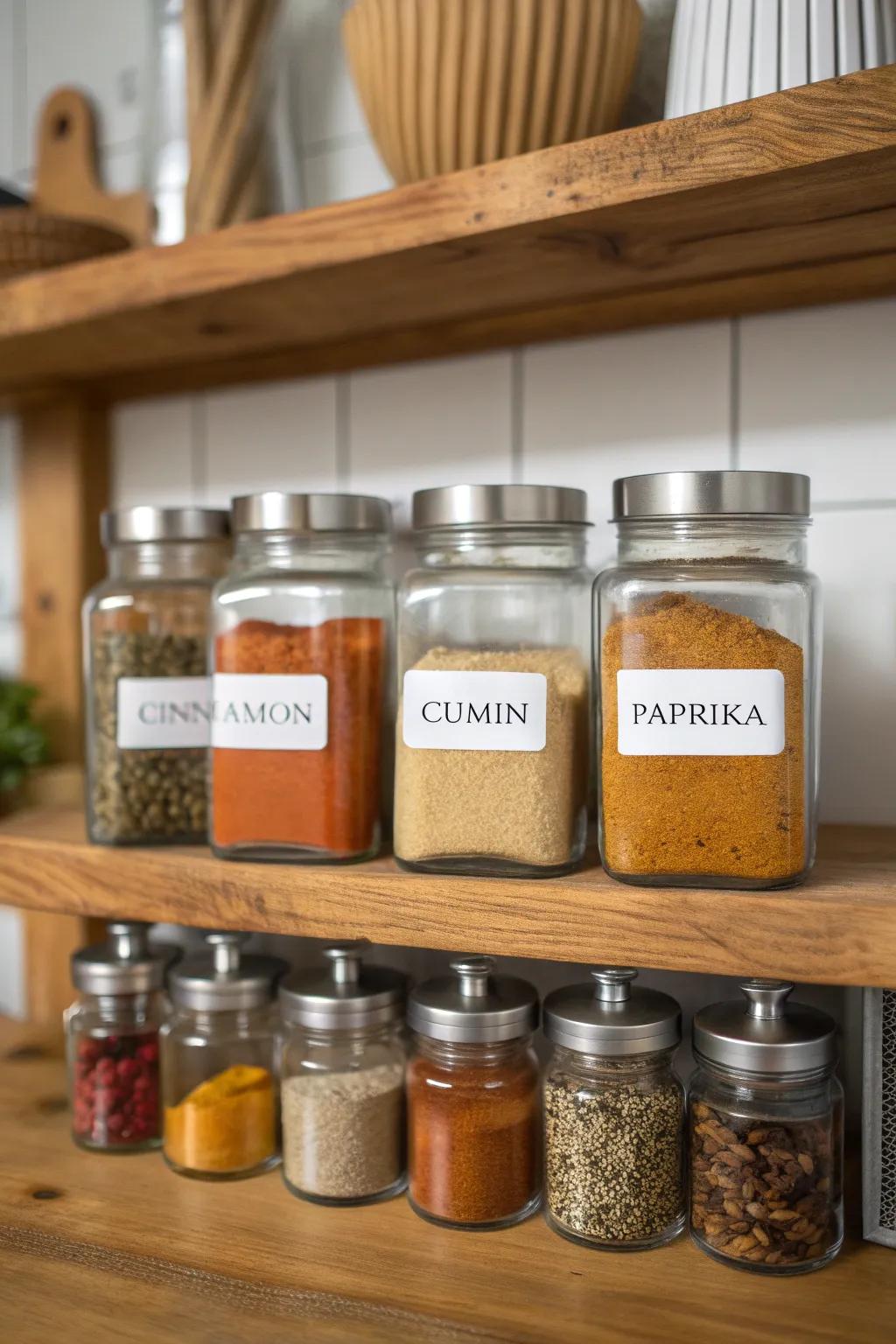 Repurposed jars provide a sustainable, stylish spice storage solution.