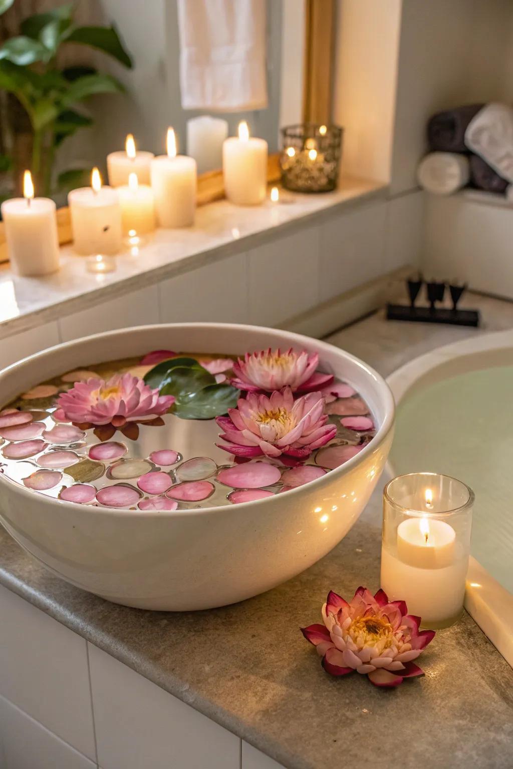 A serene floating floral arrangement in a bathroom setting.