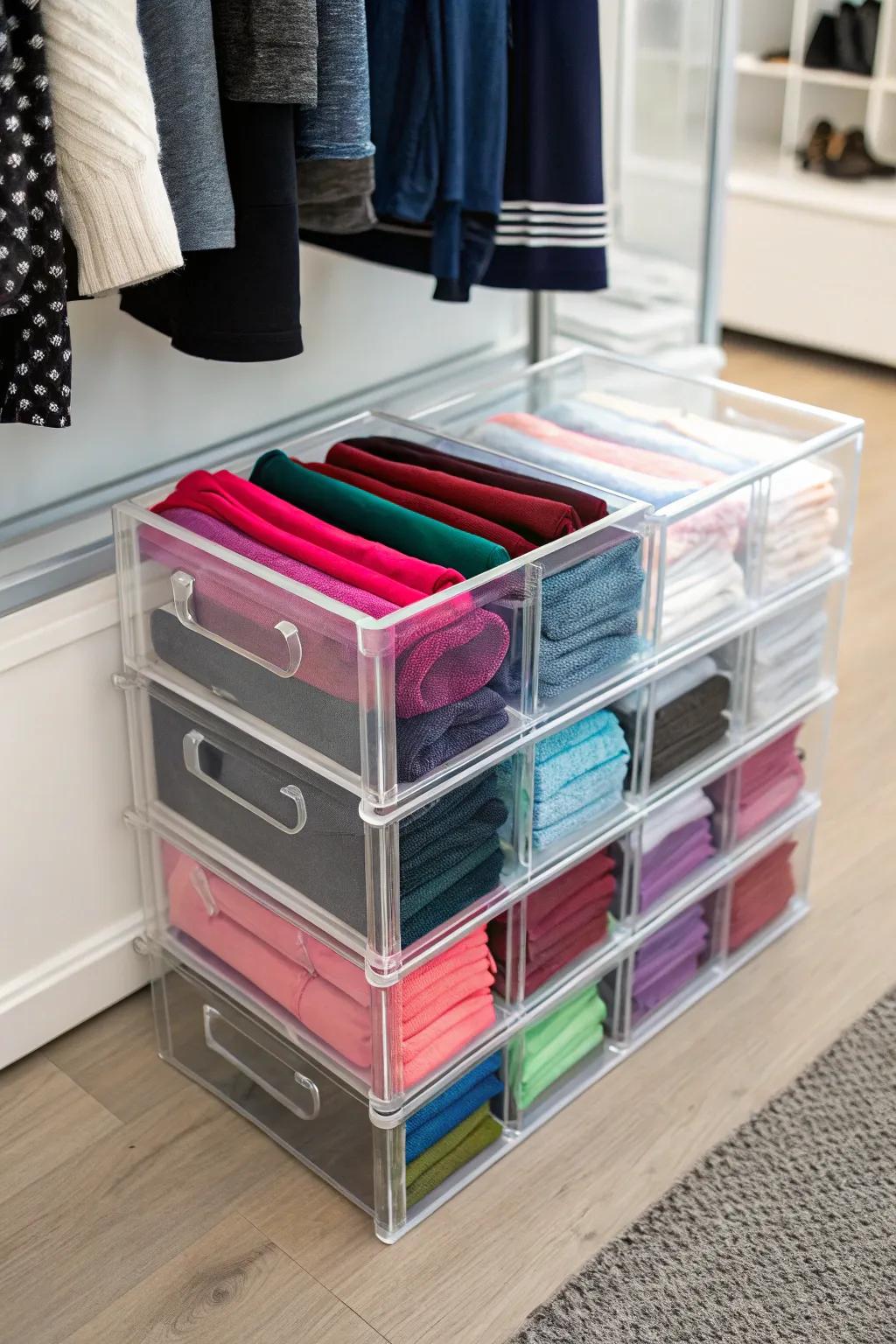 Achieve a minimalist look with clear acrylic boxes for your leggings.