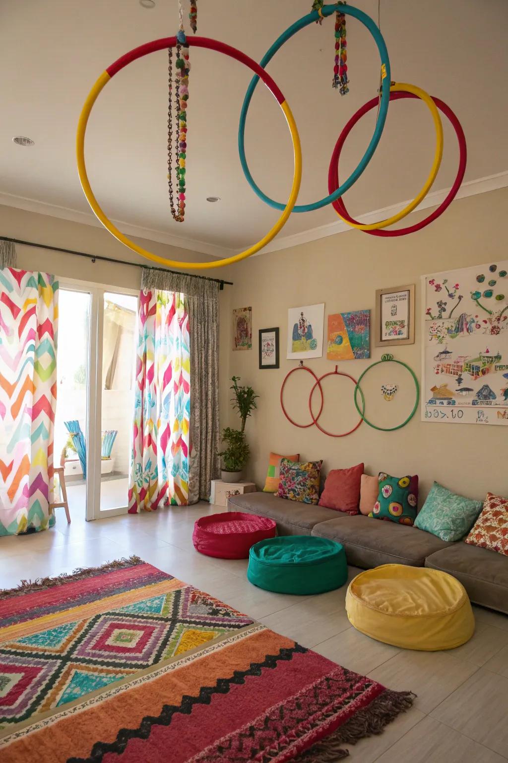 Hula hoops ingeniously repurposed as curtain rings, creating a whimsical window display.