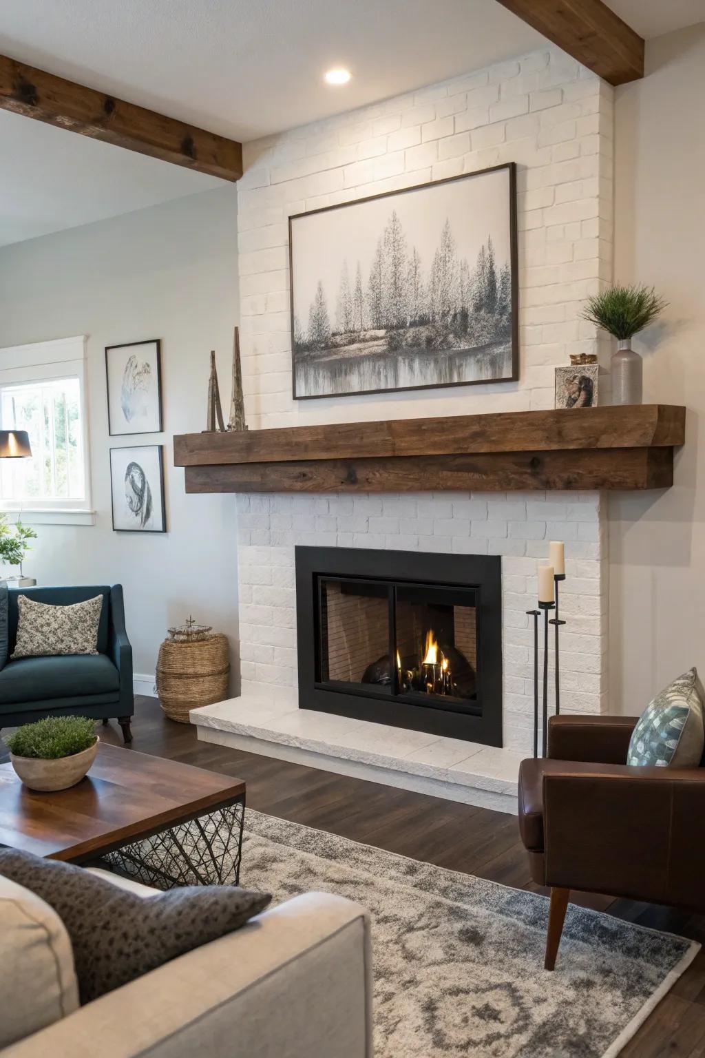 A living room featuring a floating wood mantel above a fireplace, with modern decor accents.