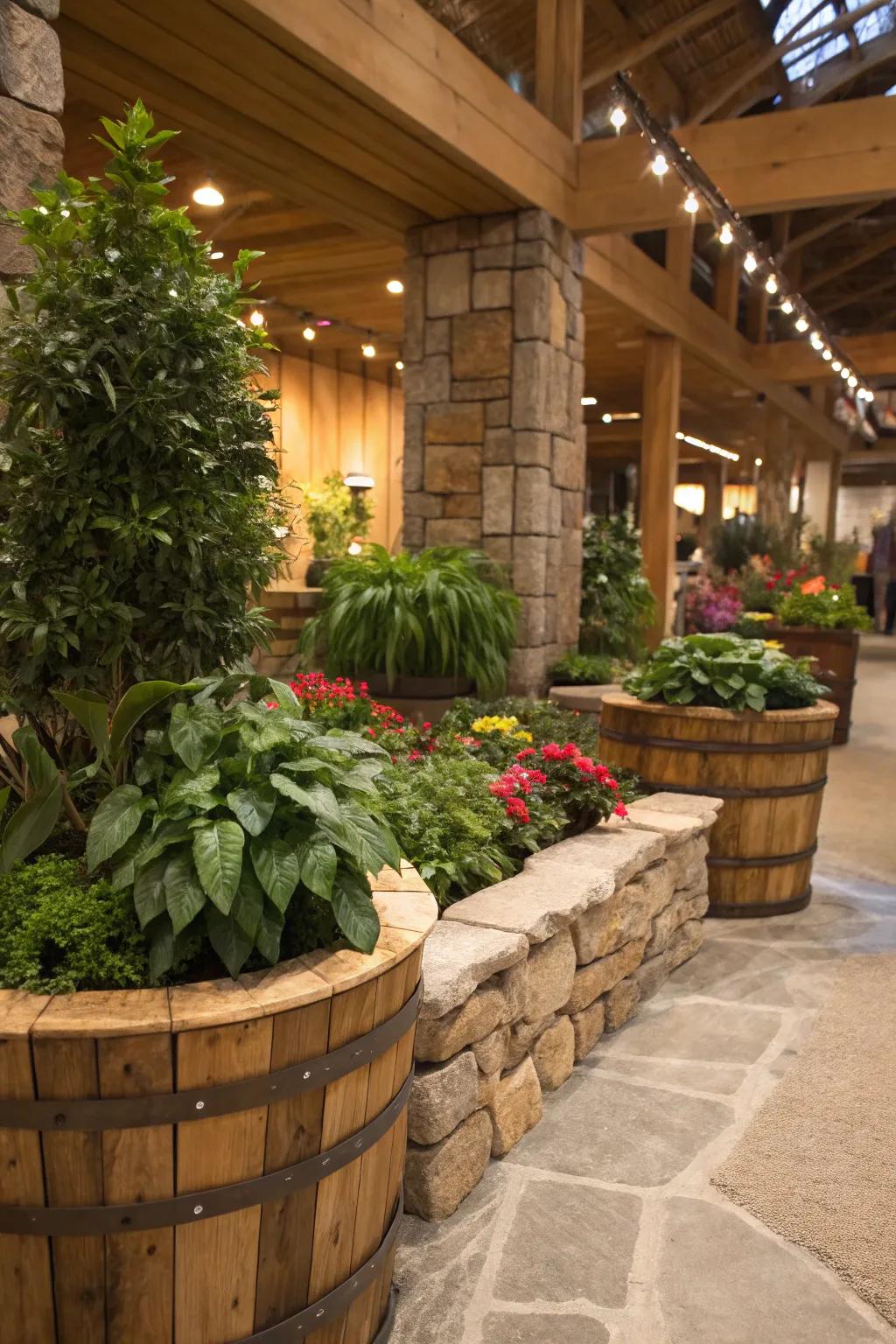 Natural materials enhance the earthy feel of an indoor garden.