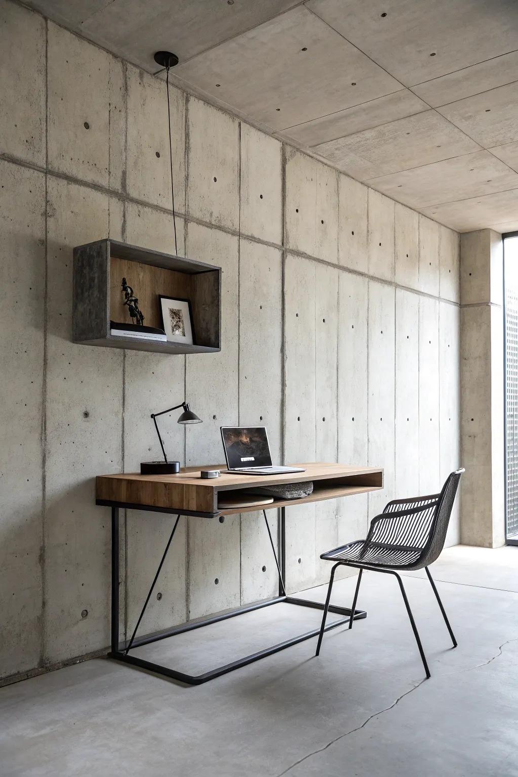 A floating desk offers a sleek and modern industrial look.