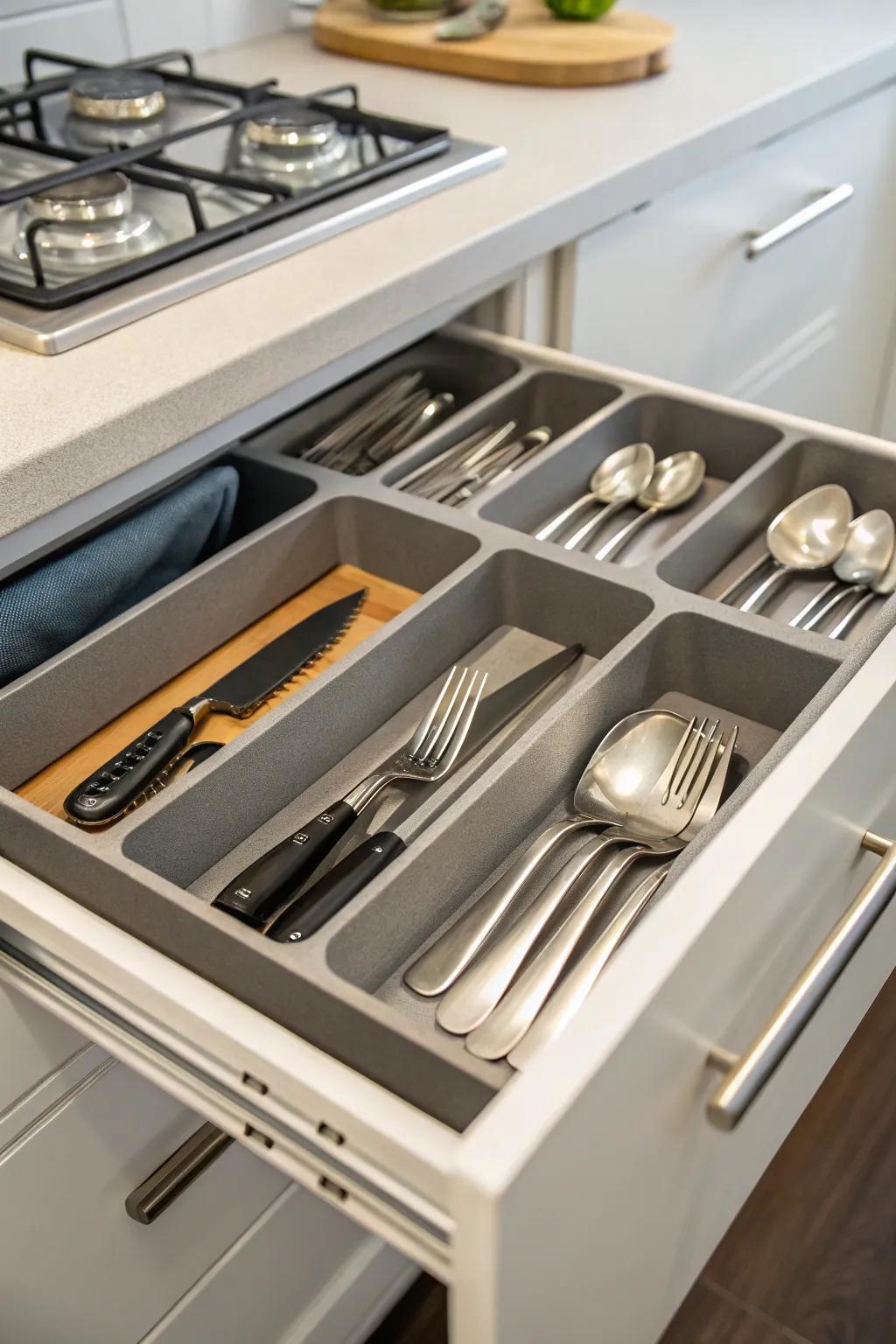 Customizable drawer dividers keep utensils neatly organized.