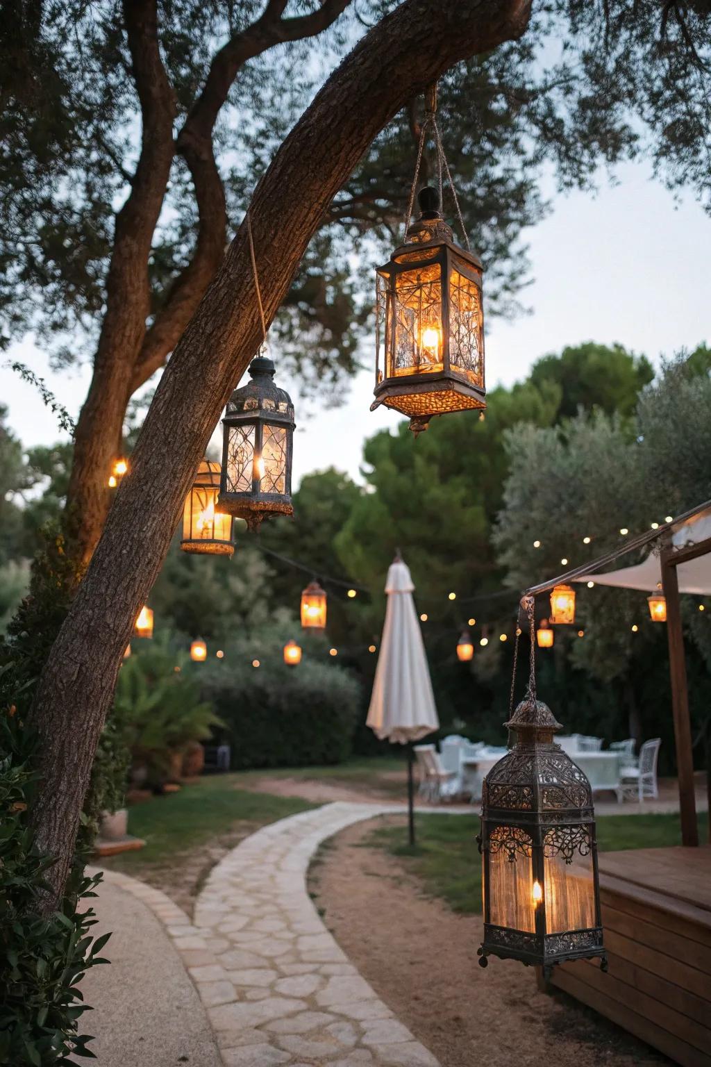 Decorative lanterns casting a warm glow in an outdoor setting.