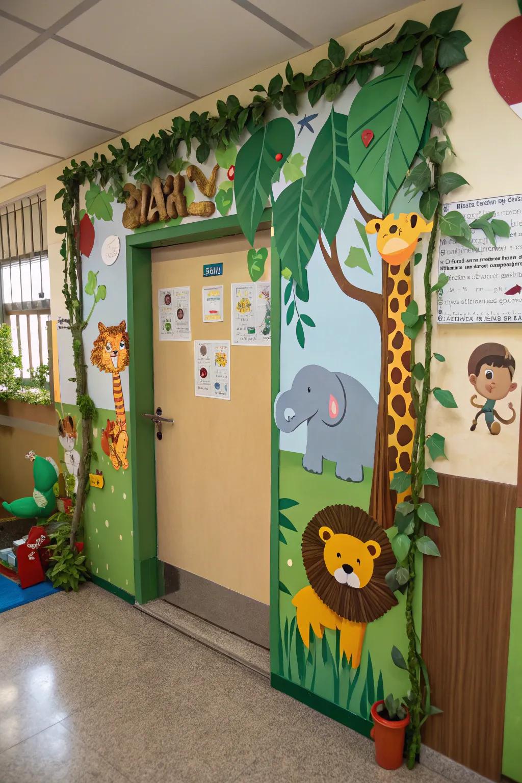 A kindergarten door with a jungle safari theme, including animals and greenery.