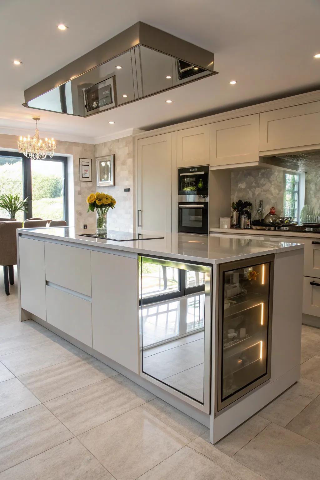 Mirrored back panels reflect light beautifully, creating a sense of spaciousness in this kitchen.