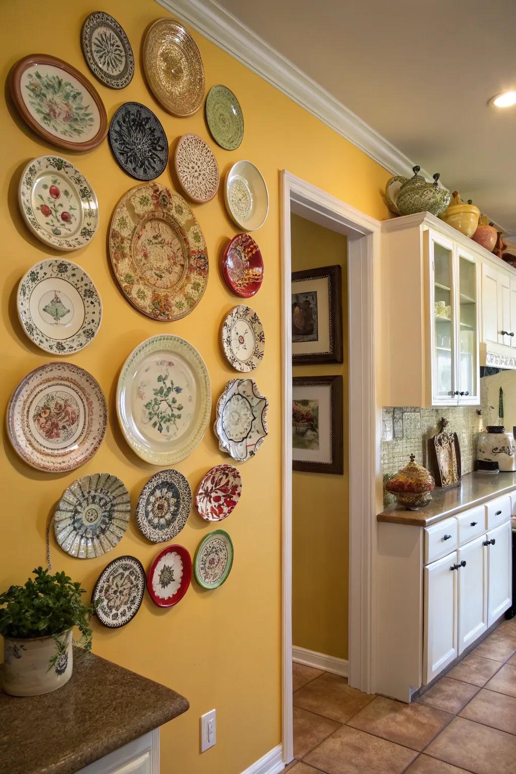 A kitchen wall adorned with a creative display of colorful plates.