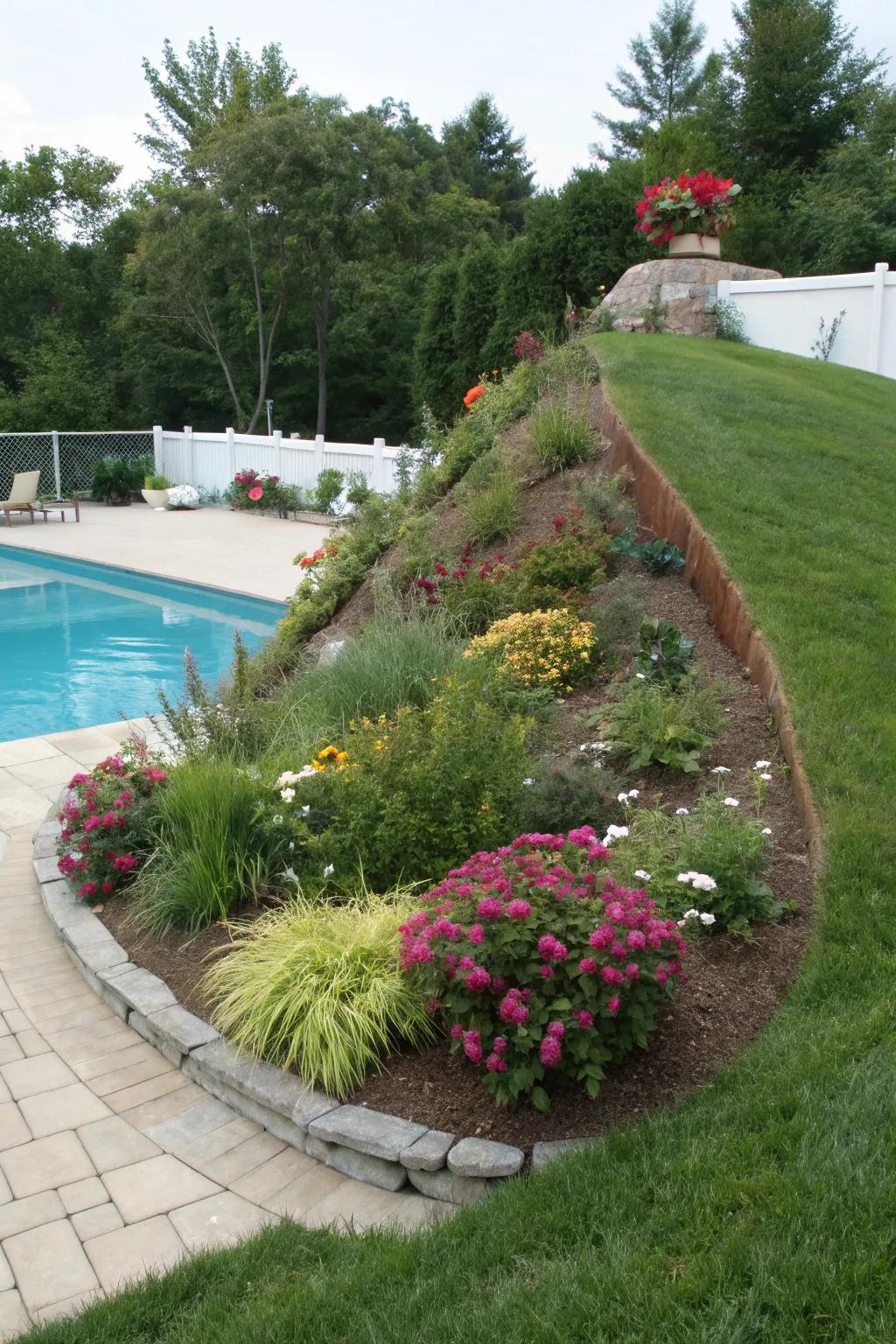 Berms and mounds offer a natural and subtle solution to conceal pool equipment.