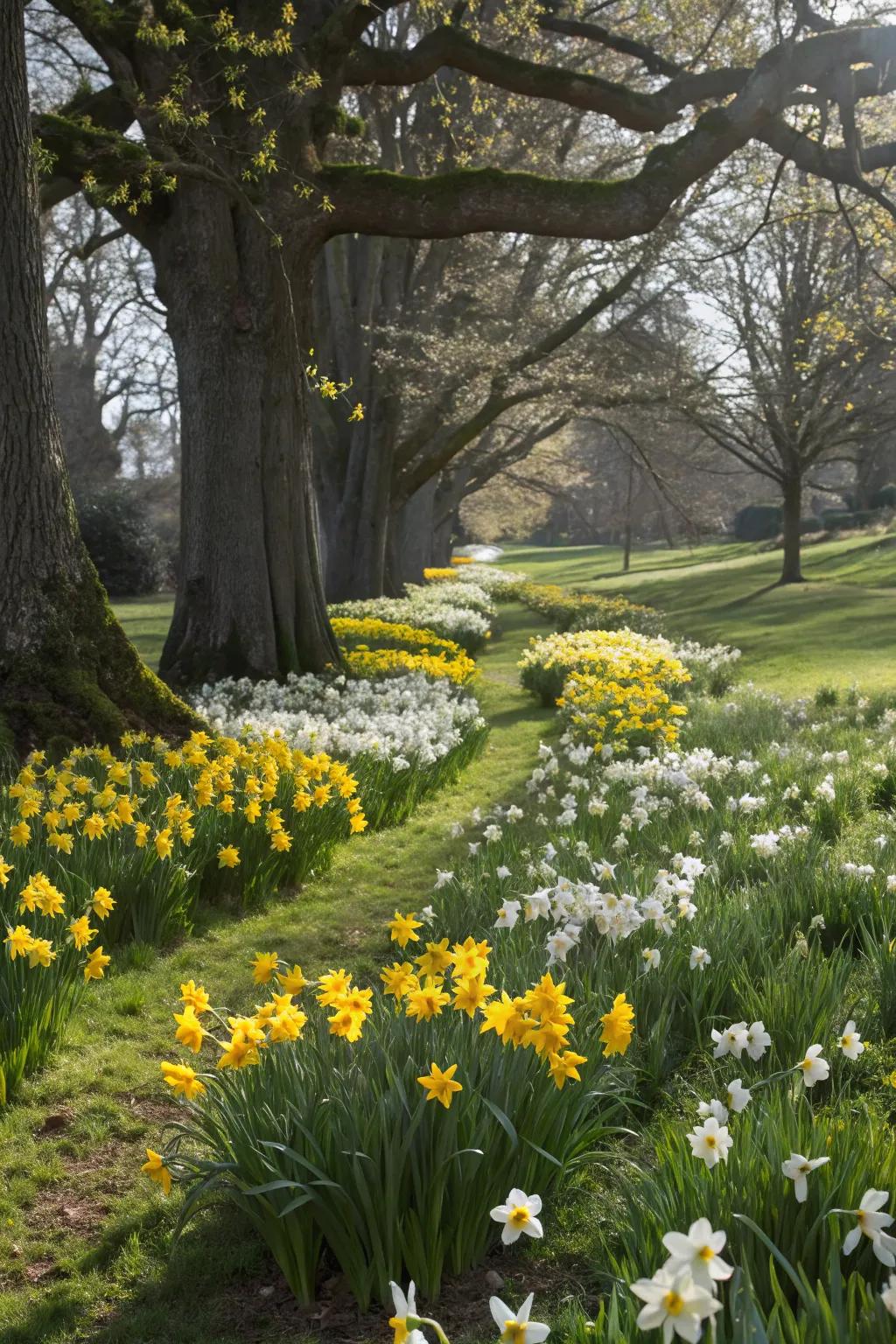 A vibrant carpet of daffodils blooming beneath the shade of trees.